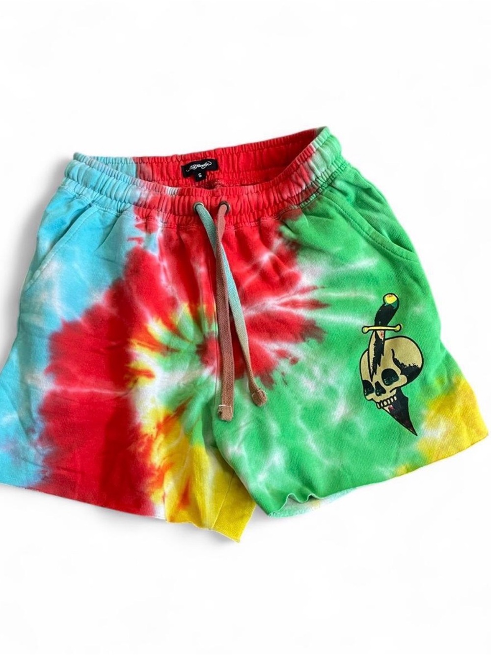 Ed Hardy Tie-Dye Multicolor Men’s Shorts with Skull & Dagger Patch